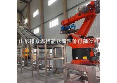 桶裝物料機(jī)器人拆垛機(jī) 自動(dòng)拆垛拆包機(jī)倒料工作現(xiàn)場
